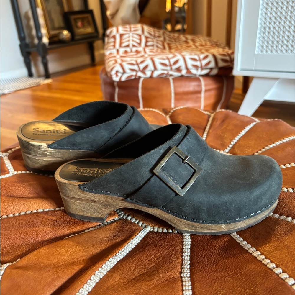 Sanita Women's Black Leather Clogs with Buckle